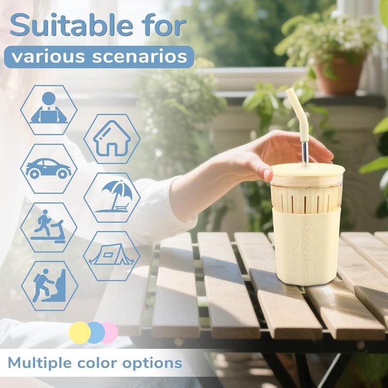wangsdjy 15oz Glass Tumbler With Straw and Lid - Iced Coffee Cup, Smoothie Cup with Silicone Sleeve and Tea Strainer, Glass Tumbler for Smoothies, Flower tea, Coffee, Juices (Yellow) - Image 4